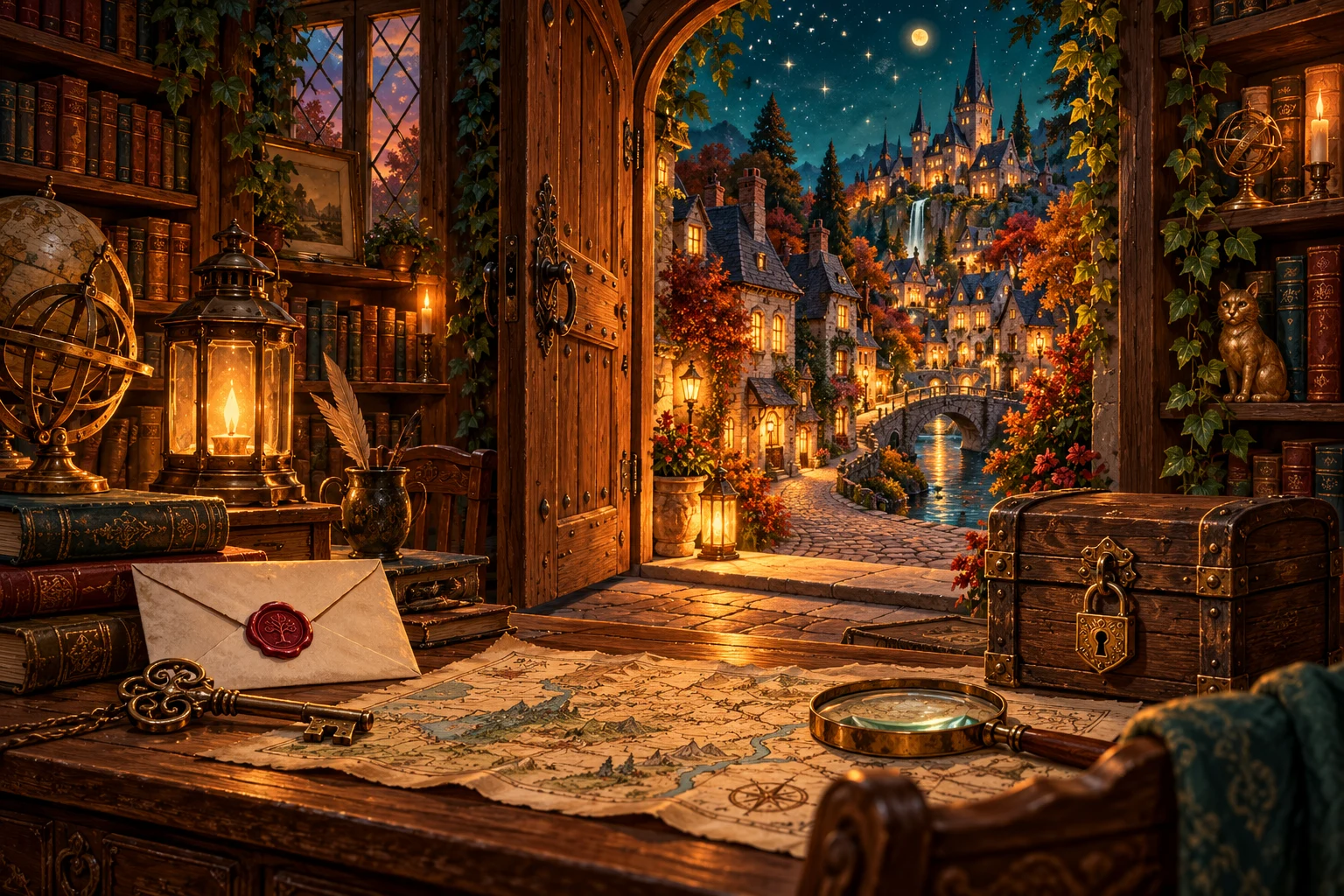 A mystery desk opens onto a lantern-lit storybook village